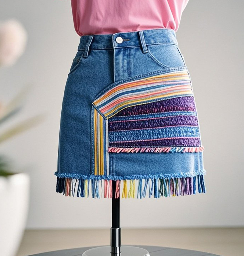 Striped Patchwork Denim Skirt with Fringe