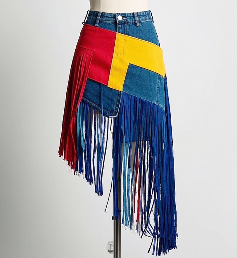 Color-Blocked Asymmetrical Denim Skirt