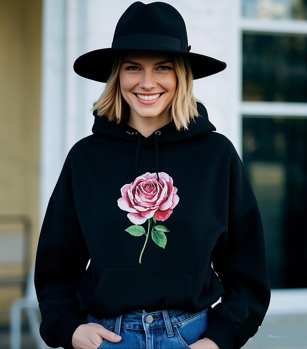 Black Hoodie with Rose Graphic Print