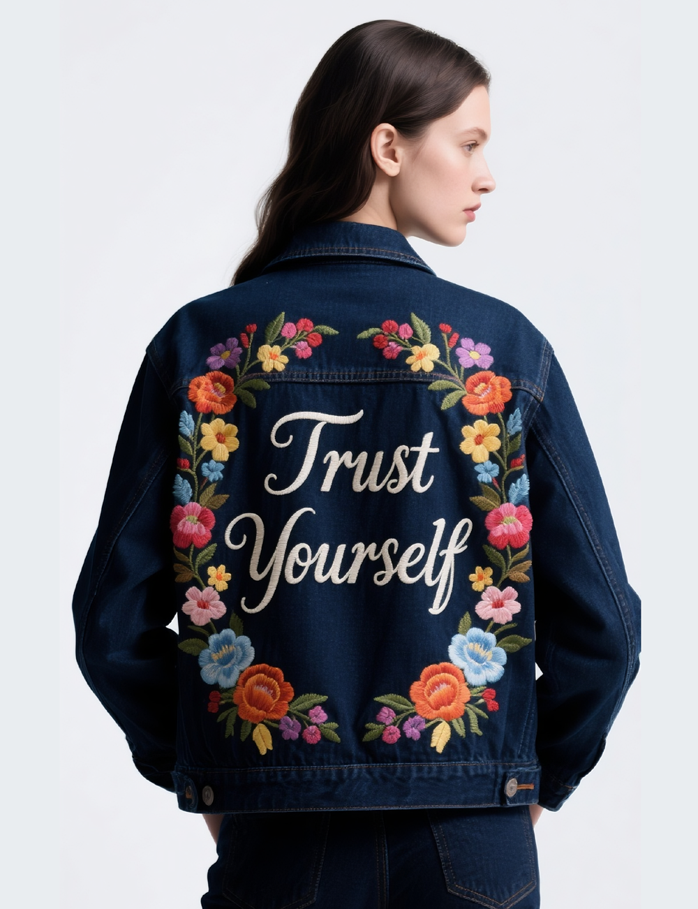 Embroidered Floral Denim Jacket with 'Trust Yourself' Design